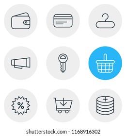 Vector illustration of 9 commerce icons line style. Editable set of credit card, hanger, key and other icon elements.