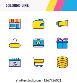 Vector illustration of 9 commerce icons colored line. Editable set of add coins, wallet, e-commerce and other icon elements.