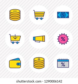 Vector illustration of 9 commerce icons colored line. Editable set of wallet, shopping cart, add to cart and other icon elements.