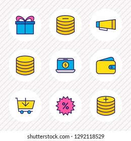 Vector illustration of 9 commerce icons colored line. Editable set of coins, add coins, advertisement and other icon elements.