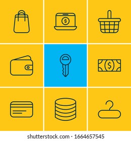 Ilustración vectorial de 9 iconos de comercio estilo de línea. Conjunto editable de monedas, comercio, billetera y otros íconos.