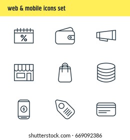 Vector Illustration Of 9 Commerce Icons. Editable Pack Of Money, Advertising, Shopping And Other Elements.