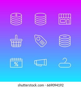 Vector Illustration Of 9 Commerce Icons. Editable Pack Of Plus, Rack, Pottle And Other Elements.