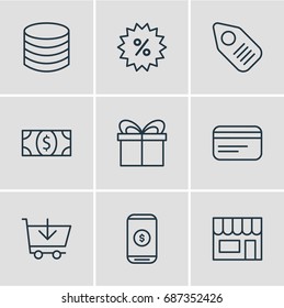 Vector Illustration Of 9 Commerce Icons. Editable Pack Of Payment, Mobile, Coins And Other Elements.