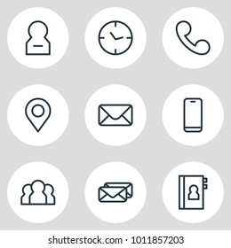 Vector illustration of 9 community icons line style. Editable set of telephone, call, pinpoint and other icon elements.