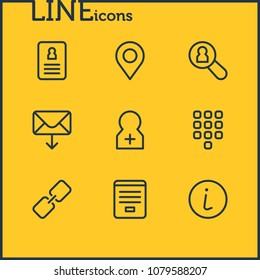 Vector illustration of 9 community icons line style. Editable set of buttons, contact form, register account and other icon elements.