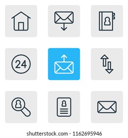 Vector illustration of 9 community icons line style. Editable set of correspondence, letter, phone book and other icon elements.