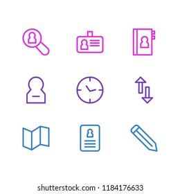 Vector illustration of 9 community icons line style. Editable set of phone book, search profile, map and other icon elements.