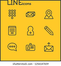 Vector illustration of 9 community icons line style. Editable set of contact form, register account, epistle and other icon elements.