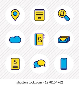Vector illustration of 9 community icons colored line. Editable set of phone book, search user, mails and other icon elements.