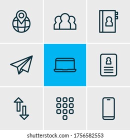 Vector illustration of 9 community icons line style. Editable set of paper plane, cv, phone book and other icon elements.