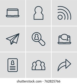 Vector Illustration Of 9 Community Outline Icons. Editable Set Of Resume, Laptop, Profile And Other Elements.