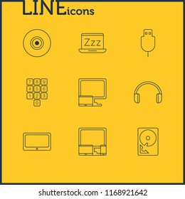 Vector illustration of 9 computer icons line style. Editable set of sleep mode, desktop computer, numpad and other icon elements.