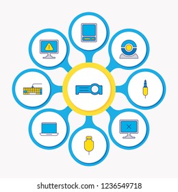 Vector illustration of 9 computer icons colored line. Editable set of usb cable, warning, jack cable and other icon elements.