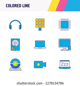 Vector illustration of 9 computer icons colored line. Editable set of sleep mode, computer with phone, headphones and other icon elements.