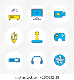 Vector illustration of 9 computer icons colored line. Editable set of headphones, offline computer, projector and other icon elements.