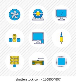 Vector Illustration Of 9 Computer Icons Colored Line. Editable Set Of Fan, Cpu, Web Cam And Other Icon Elements.