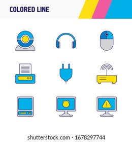 Ilustración vectorial de 9 iconos de equipo en línea coloreada. Conjunto editable de equipos protegidos, advertencia, plug y otros elementos de icono.