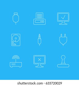 Vector Illustration Of 9 Computer Icons. Editable Pack Of Hard Drive Disk, Input Jack, Online Computer And Other Elements.