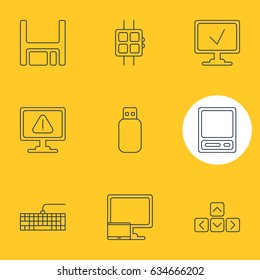 Vector Illustration Of 9 Computer Icons. Editable Pack Of Online Computer, Warning, Modern Watch And Other Elements.
