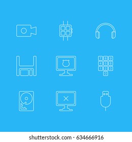 Vector Illustration Of 9 Computer Icons. Editable Pack Of Antivirus, Movie Cam, Number Keypad And Other Elements.