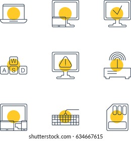 Vector Illustration Of 9 Computer Icons. Editable Pack Of Tablet With PC, Gadgets, Online Computer And Other Elements.