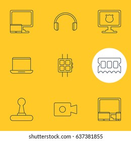 Vector Illustration Of 9 Computer Icons. Editable Pack Of Modern Watch, Game Controller, Memory Chip And Other Elements.