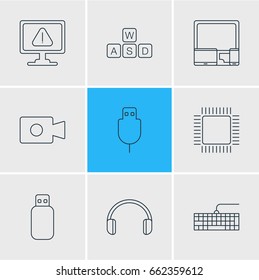 Vector Illustration Of 9 Computer Icons. Editable Pack Of Flash Drive, Warning, Qwerty Board And Other Elements.
