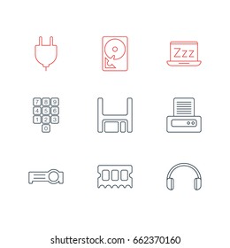 Vector Illustration Of 9 Computer Icons. Editable Pack Of Number Keypad, Printer, Memory Chip And Other Elements.