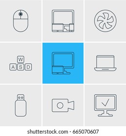 Vector Illustration Of 9 Computer Icons. Editable Pack Of Keyboard, Notebook, Gadgets And Other Elements.
