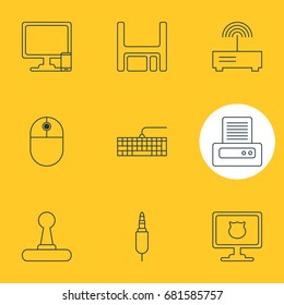 Vector Illustration Of 9 Computer Icons. Editable Pack Of Printer, Game Controller, Router And Other Elements.