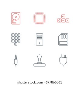 Vector Illustration Of 9 Computer Icons. Editable Pack Of Keypad, Game Controller, Storage And Other Elements.