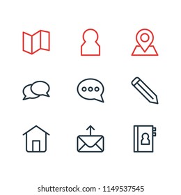 Vector illustration of 9 connect icons line style. Editable set of phone book, map, location and other icon elements.