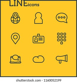 Vector illustration of 9 connect icons line style. Editable set of buttons, cloud, id and other icon elements.