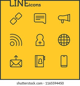 Vector illustration of 9 connect icons line style. Editable set of wifi, link, letter and other icon elements.