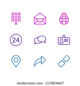 Vector illustration of 9 connect icons line style. Editable set of link, envelope, pinpoint and other icon elements.