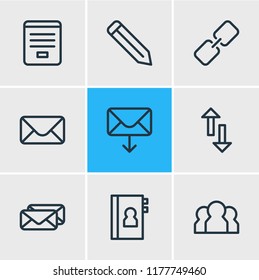 Vector illustration of 9 connect icons line style. Editable set of contact form, pen, team and other icon elements.