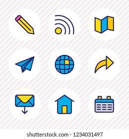 Vector illustration of 9 connect icons colored line. Editable set of pen, share, paper plane and other icon elements.