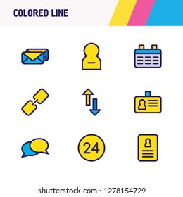 Vector illustration of 9 connect icons colored line. Editable set of link, id, cv and other icon elements.