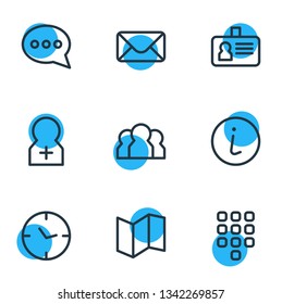 Vector illustration of 9 connect icons line style. Editable set of conversation, clock, correspondence and other icon elements.