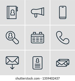 Vector illustration of 9 connect icons line style. Editable set of bullhorn, smartphone, epistle and other icon elements.