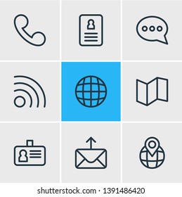 Vector illustration of 9 connect icons line style. Editable set of cv, pinpoint, letter and other icon elements.