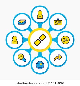 Vector illustration of 9 connect icons colored line. Editable set of search user, link, remove user and other icon elements.