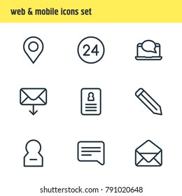 Vector illustration of 9 connect icons line style. Editable set of correspondence, pencil, resume and other elements.