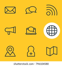 Vector illustration of 9 connect icons line style. Editable set of network, position, laptop and other elements.