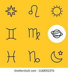 Vector illustration of 9 constellation icons line style. Editable set of virgo, leo, moon and other icon elements.