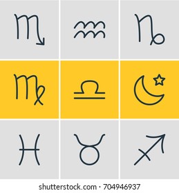 Vector Illustration Of 9 Constellation Icons. Editable Pack Of Night, Goat, Bull And Other Elements.
