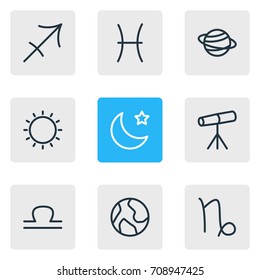 Vector Illustration Of 9 Constellation Icons. Editable Pack Of Archer, Sunny, Night And Other Elements.