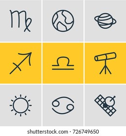 Vector Illustration Of 9 Constellation Icons. Editable Pack Of Satellite, Sunny, Zoom Glass And Other Elements.