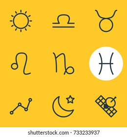 Vector Illustration Of 9 Constellation Icons. Editable Pack Of Satellite, Bull, Lion And Other Elements.